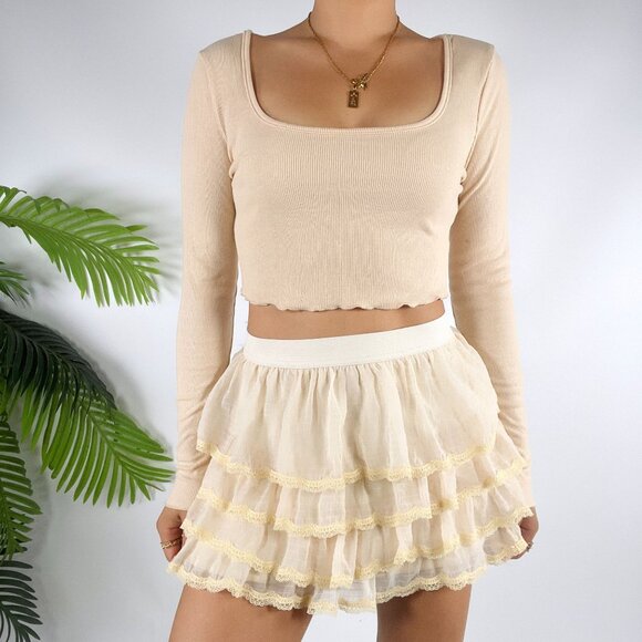Wet Seal Small Cream Ruffled Tiered Mini Skirt Lace Cottagecore Coquette Skirt - Picture 1 of 6